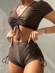 Flat Angle Sports V-neck Short Sleeved Conservative Split Swimsuit