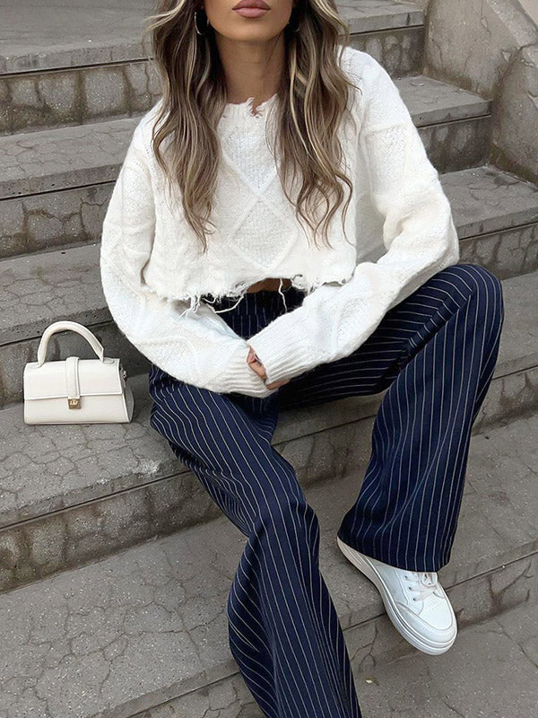 Buttoned Striped High Waisted Wide Pants Trousers Pants