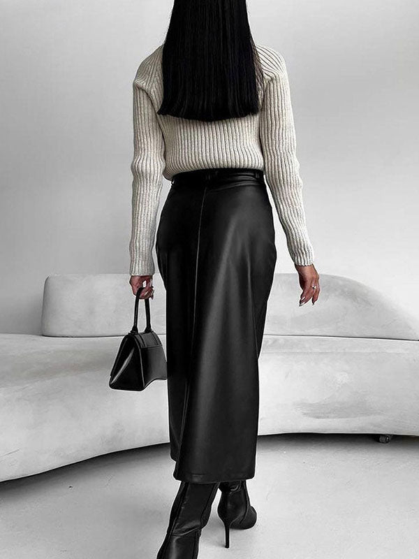Pockets Solid Color Split-Front Zipper Skinny Wrap Skirts Bottoms