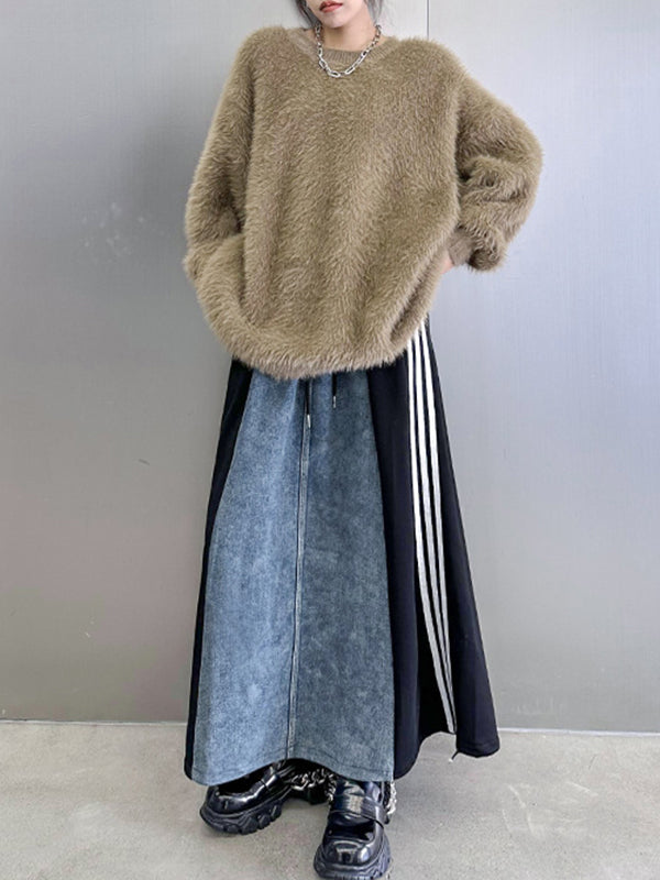 Contrast Color Drawstring Split-Joint Striped A-Line Loose Skirts Bottoms