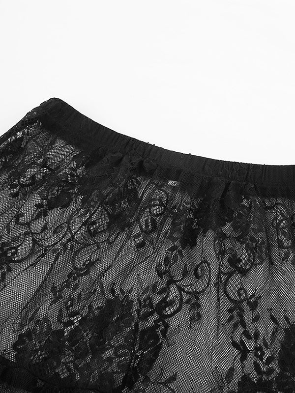 Elasticity Hollow Jacquard Mesh See-Through Split-Joint A-Line High Waisted Skirts Bottoms