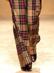 Plaid Split-Joint High Waisted Straight Leg Trousers Pants