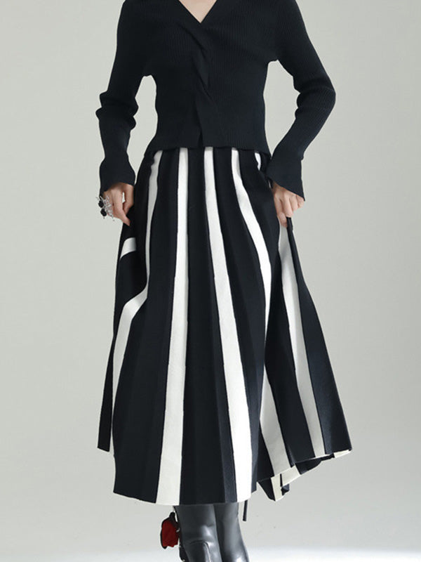 Contrast Color Pleated A-Line Loose Skirts Bottoms