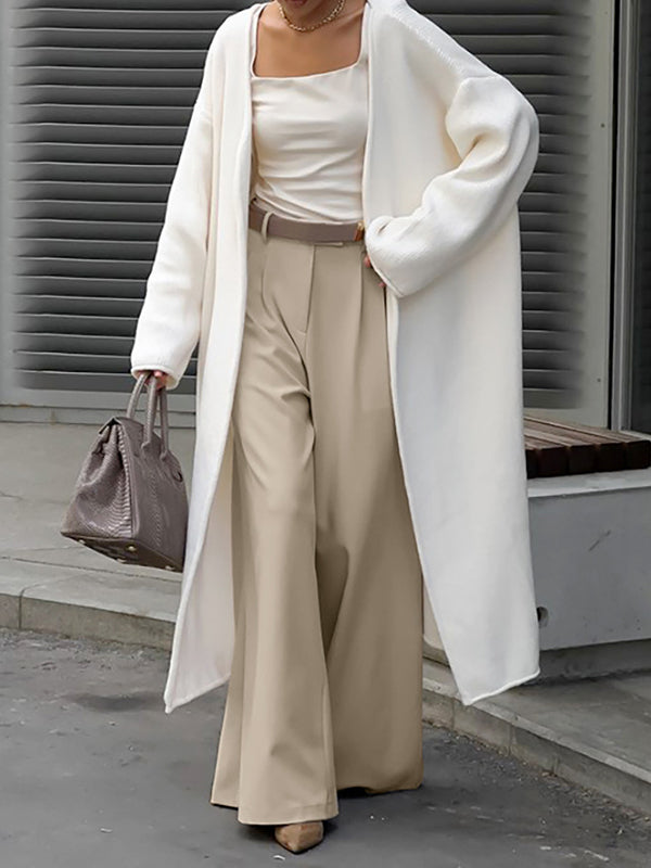 Pleated Pockets Solid Color High Waisted Loose Trousers Suit Pants