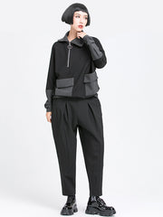 Simple Casual Split-Joint Pleats Black Harem Pants