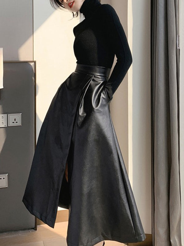 Solid Color Split-Front A-Line Loose Skirts Bottoms