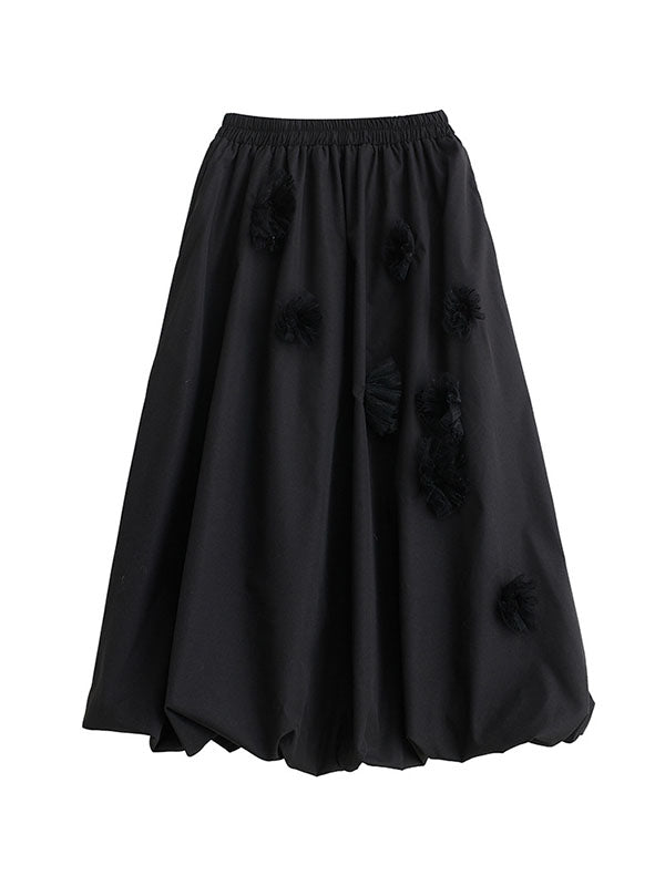 Flower-Embellished Elastics Solid Color Loose Skirts Bottoms