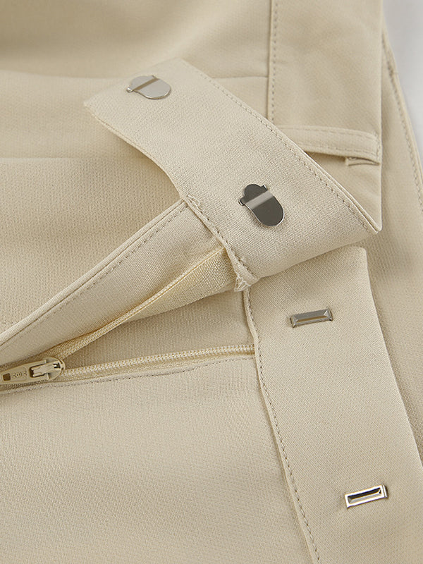 Pleated Pockets Solid Color High Waisted Loose Trousers Suit Pants