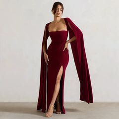 Square Collar Mop Long Sleeve High Slit Solid Color Dress