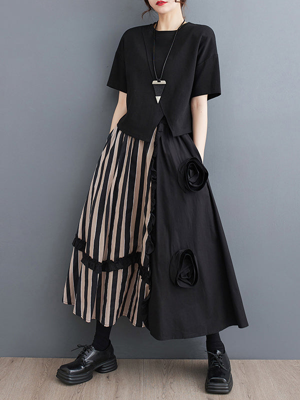 Flower-Embellished Elastics Split-Joint High Waisted Loose Skirts Bottoms