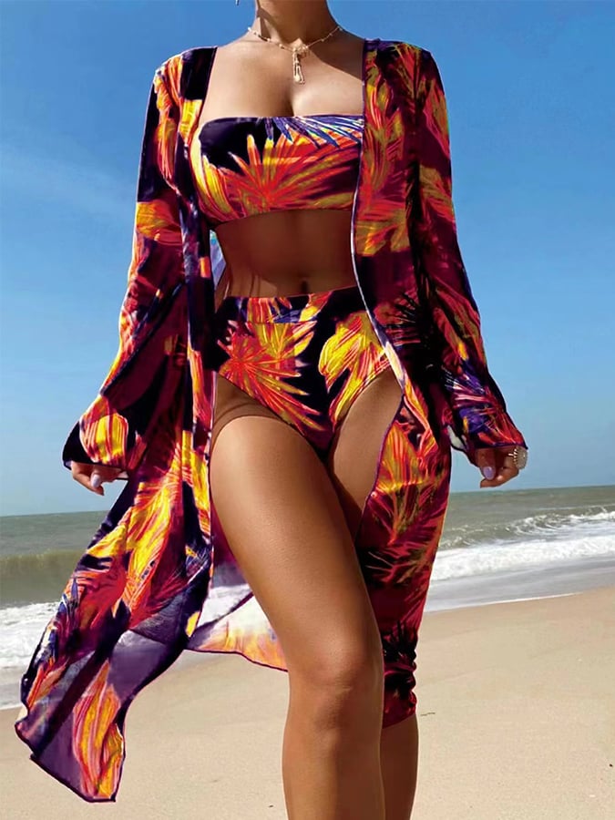 Women's Tropical Print Bikini Swimsuit With Cover Up