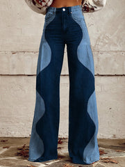 Women's Wavy Denim Pattern Print Casual Wide Leg Pants
