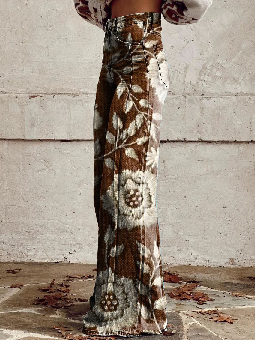Women's Vintage Floral Print Wide Leg Pants