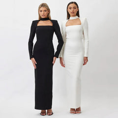 Sexy Fashionable Fitted Long Sleeve Rhinestone Backless Slit Long Dress