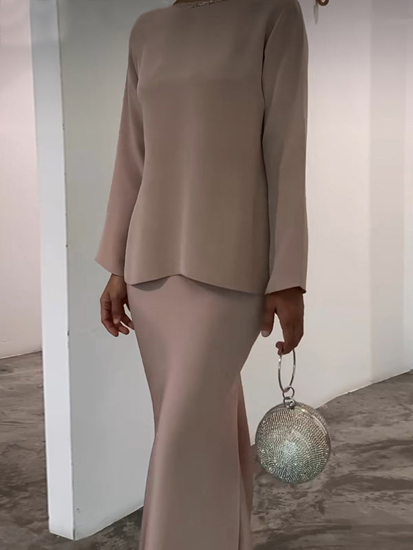 Batwing Sleeves Pearl Solid Color Round-Neck Shirts&Skirts Suits