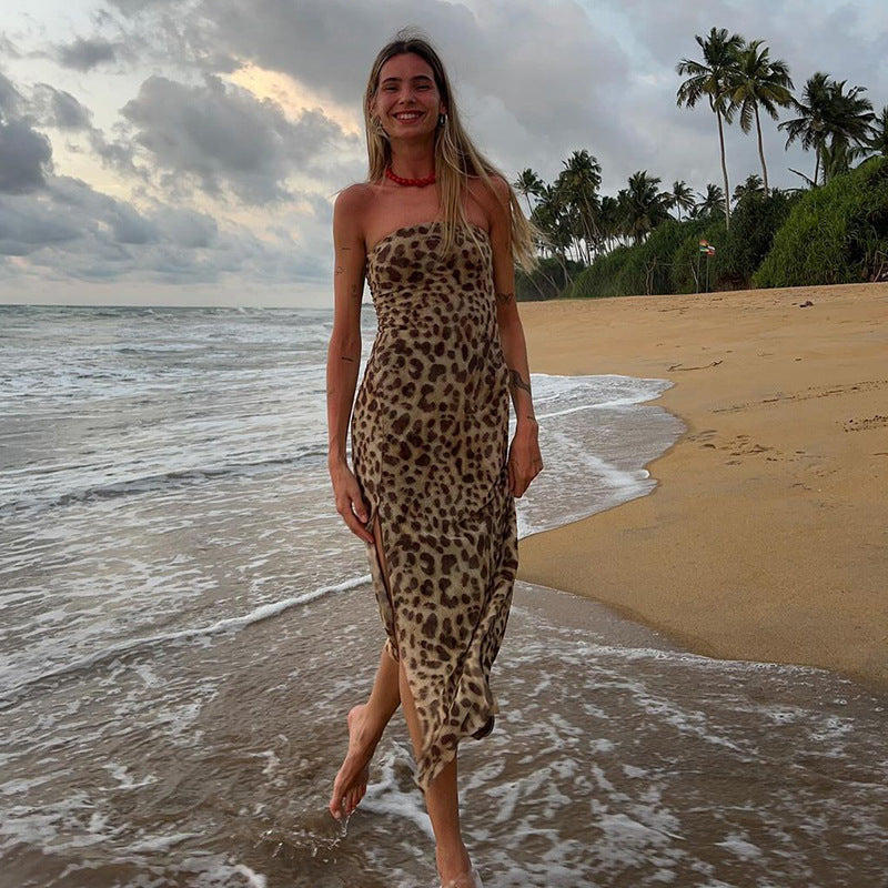 Leopard Print Tube Top Off-neck Side Split Dress