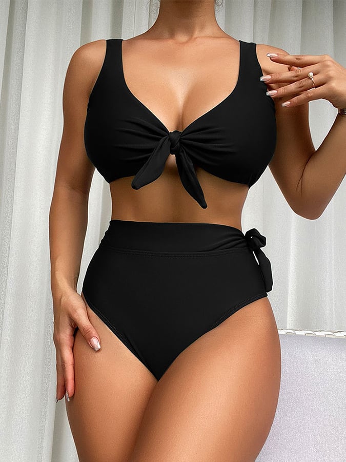 Pure Color Lace High Waist Split Swimsuit