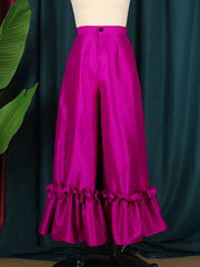 Buttoned Falbala High-Waisted Solid Color Loose Wide Leg Pants Flared Trousers