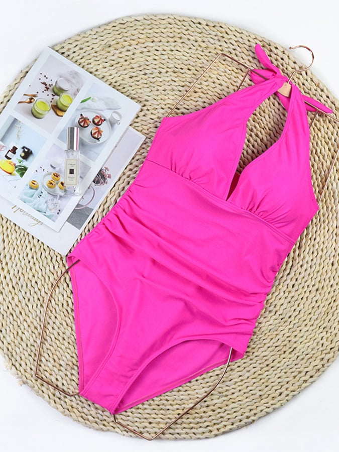 Sexy Solid V-Neck Hanging Neck Triangle One Piece Swimwear