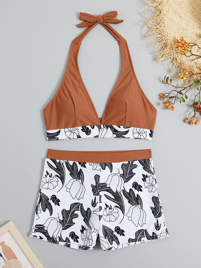 Sexy bikini high-waisted printed color-blocking split swimsuit