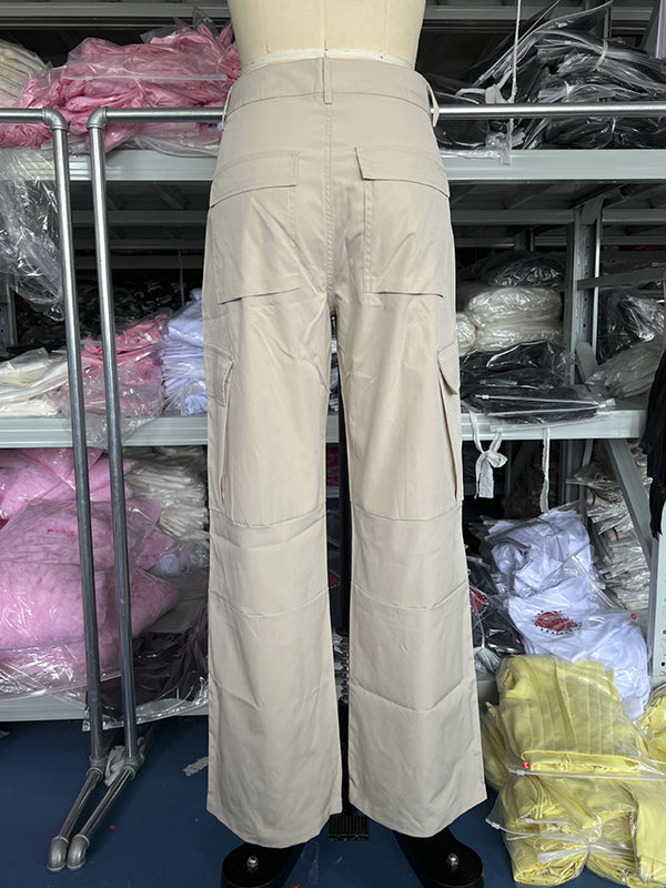Buttoned Pockets Solid Color Split-Joint Loose Wide Leg Trousers Pants
