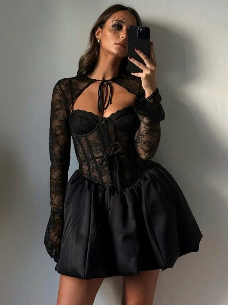 Black Lace Puffball Mini Dress