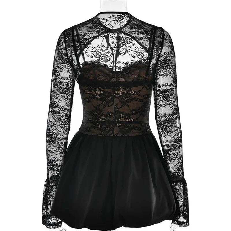 Black Lace Puffball Mini Dress