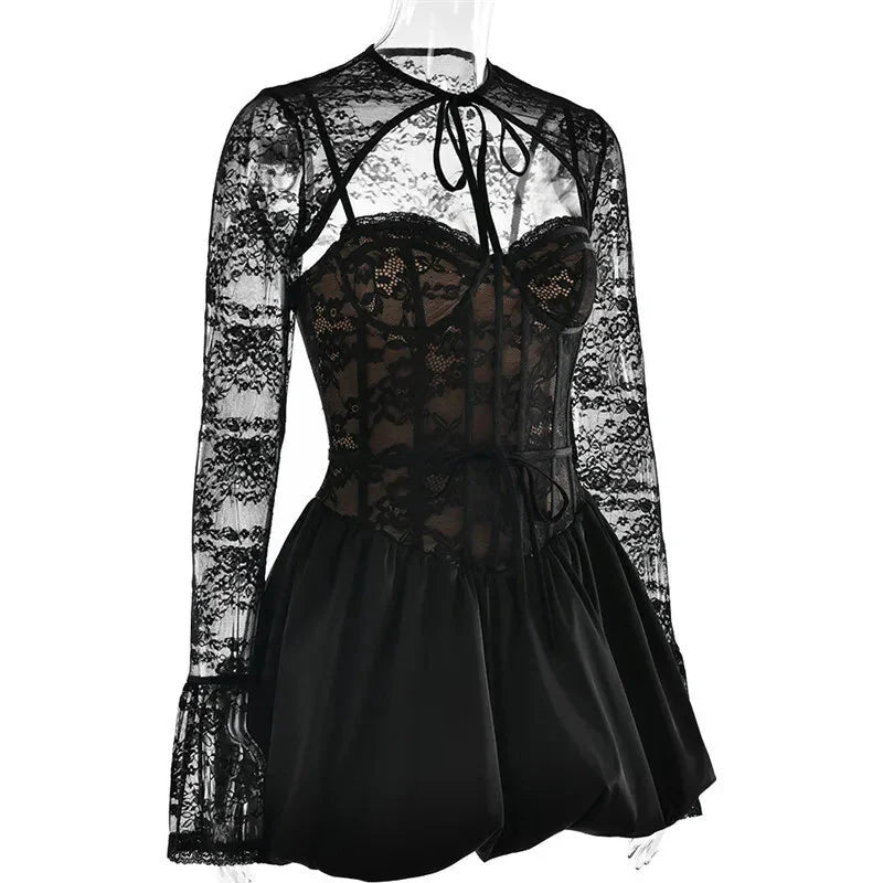 Black Lace Puffball Mini Dress