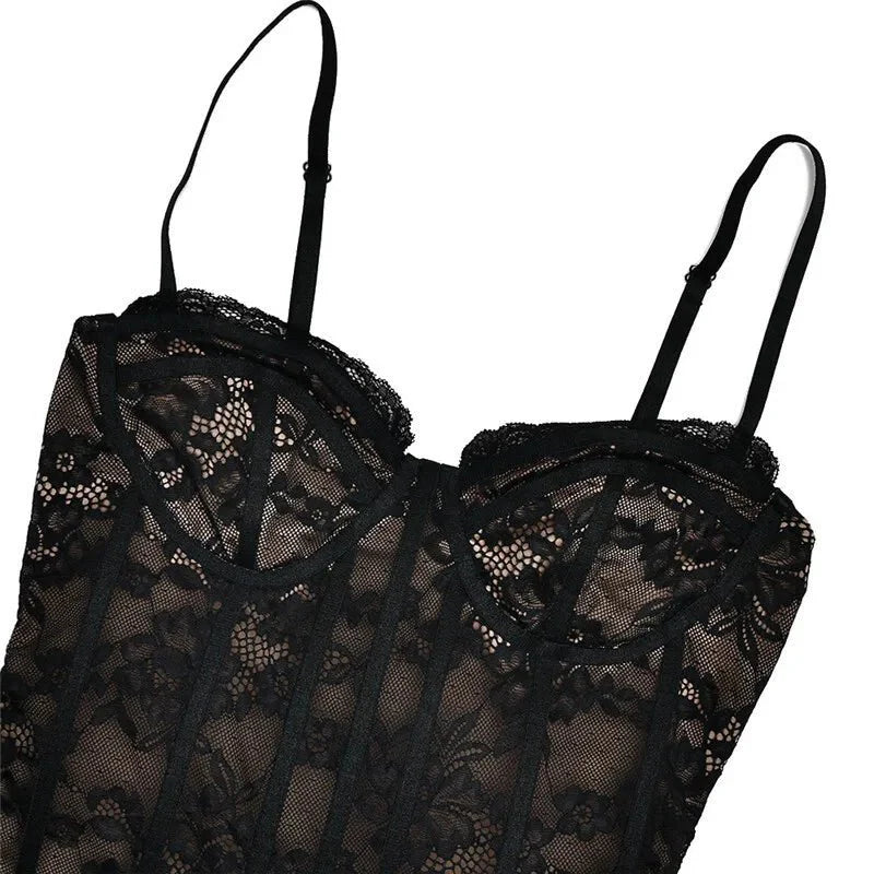 Black Lace Puffball Mini Dress