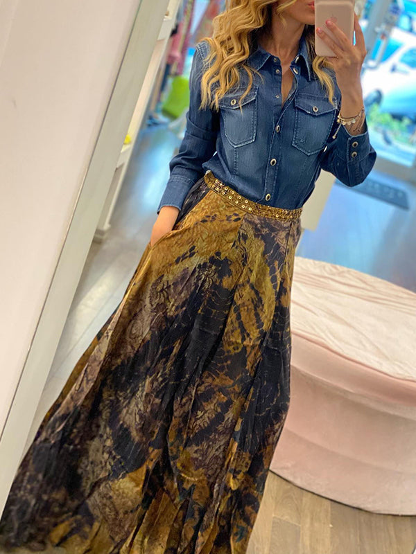 Contrast Color Flower Print Loose Wrap Skirts Bottoms