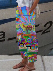 Women's Oil Painting Print Wide Leg Pants