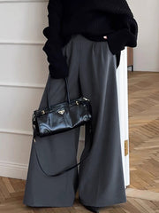 Pleated Pockets Solid Color High Waisted Loose Trousers Suit Pants