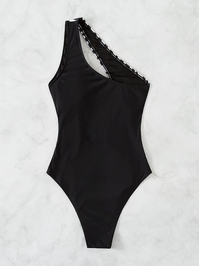 Women's One-Shoulder Zebra Black Plain Fabric Patchwork Belt Buckle Sexy One-Piece Swimsuit