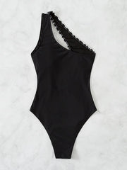 Women's One-Shoulder Zebra Black Plain Fabric Patchwork Belt Buckle Sexy One-Piece Swimsuit