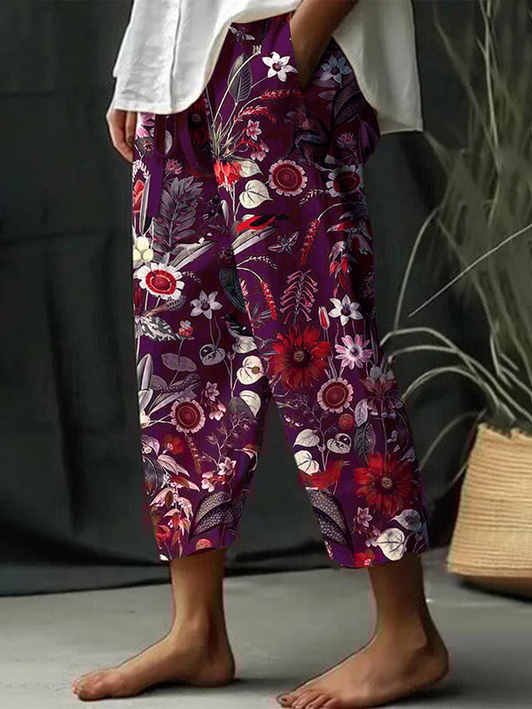Women's Floral Design Print Lace-Up Loose With Elastic Waist Casual Pants
