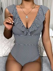 Elegant ruffles stripe one pieces swimwear