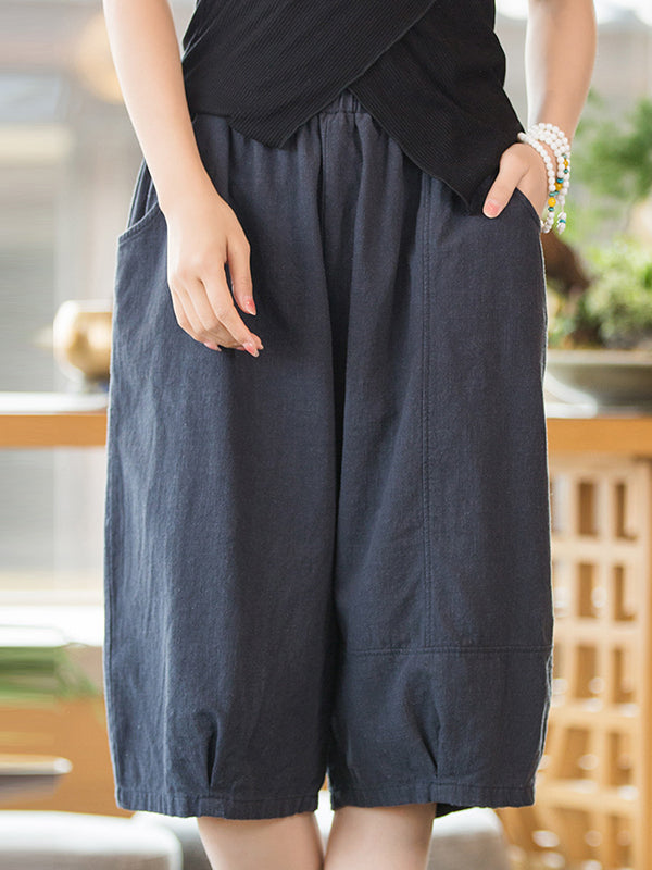 Artistic Retro Loose Ramie Cotton Solid Color Elasticity Shorts