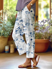 Women's Botanical Ink Painting Design Loose Pocket Patchwork Casual Pants