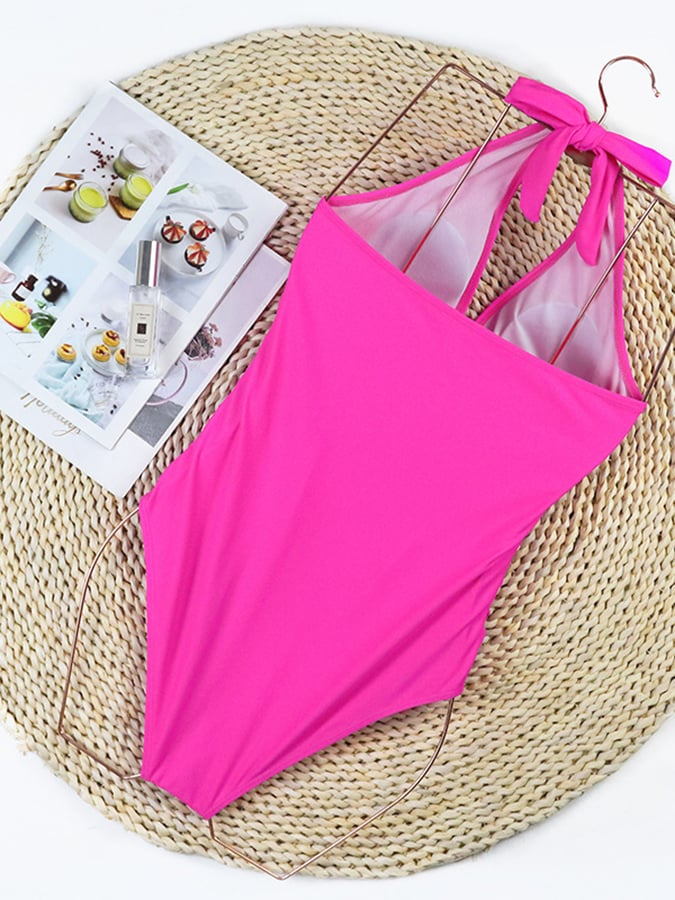 Sexy Solid V-Neck Hanging Neck Triangle One Piece Swimwear