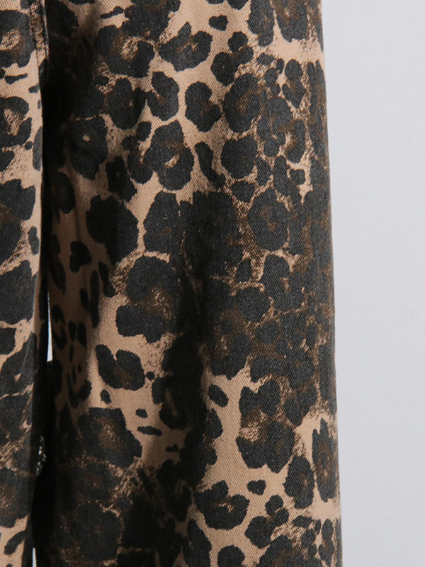 Leopard Printed Ripped Split-Joint High Waisted Loose Jean Pants Bottoms