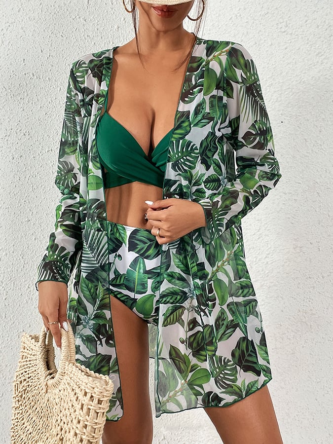 Sexy printed three-piece bikini sunscreen swimsuit cover-up