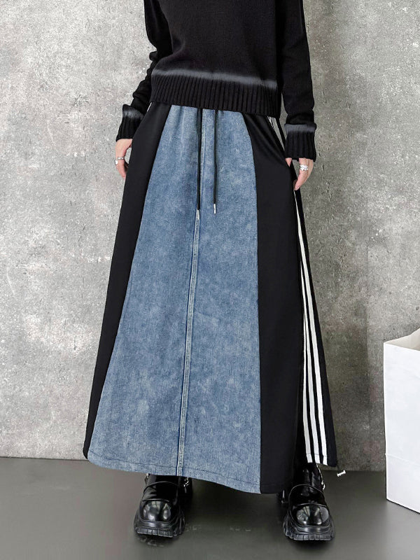 Contrast Color Drawstring Split-Joint Striped A-Line Loose Skirts Bottoms