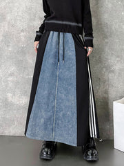 Contrast Color Drawstring Split-Joint Striped A-Line Loose Skirts Bottoms