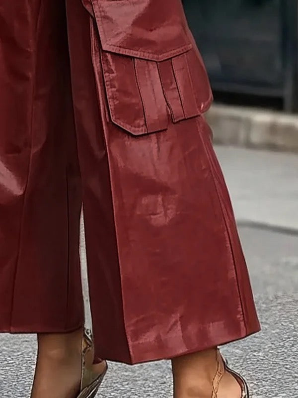 Pleated Pockets Solid Color Split-Joint Loose Wide Leg Trousers Pants