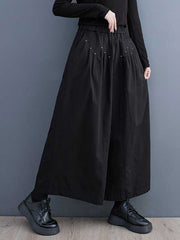 Elasticity Embroidered Pleated Loose Wide Leg Trousers Ninth Pants