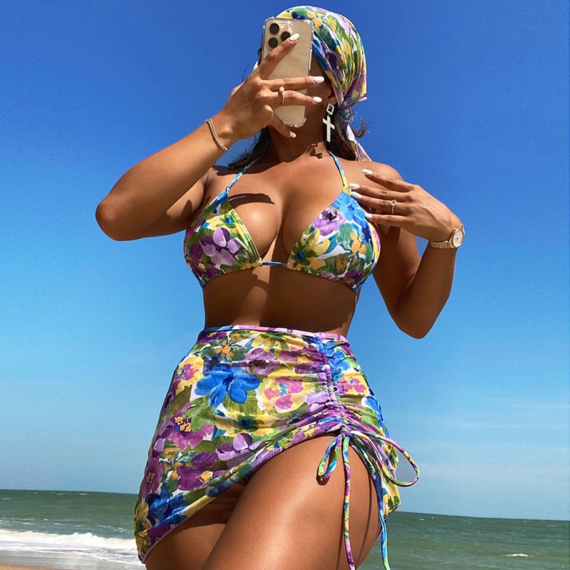 Women's Art Hawaiian Contrast Floral Print Four Piece Swimsuit