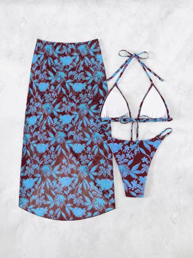 Women's Leaf Print European And American Sexy Three-piece Split Bikini