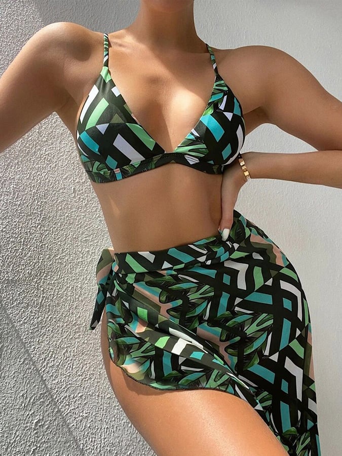 Three Piece Triangular Printed Bikini Swimsuit