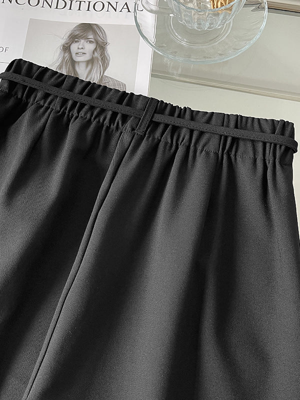 Lace-Up Pleated Solid Color Split-Joint High Waisted Loose Trousers Suit Pants