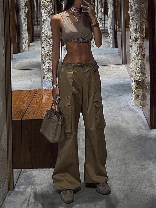 Buttoned Pockets Solid Color Split-Joint Loose Wide Leg Trousers Pants